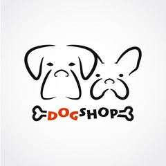 Abstract dog shop logotype with cute dog heads, bone and sample text. Dog logo in silhouette line style. Dog stock vector illustration.