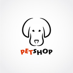 Abstract dog shop logotype with cute dog head. Dog logo in silhouette line style. Dog stock vector image.