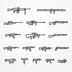 Collection of firearm and weapon icons in line style. Guns, machine guns, shotguns and rifles. Firearm stock vector image.