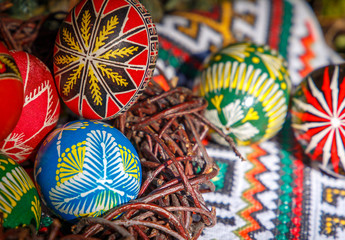 Easter eggs on a embroidered towel. easter background