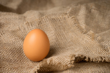 one egg on burlap material background