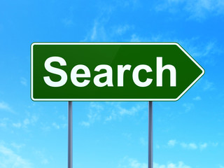 Web development concept: Search on road sign background