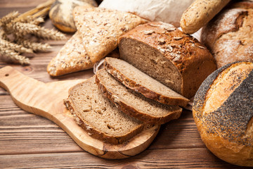 Bread assortment on wooden surface