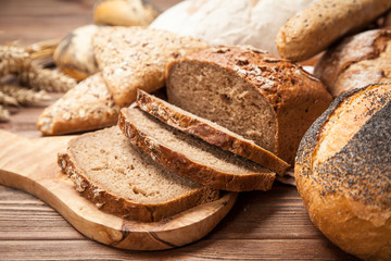 Bread assortment on wooden surface