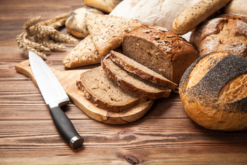 Bread assortment on wooden surface
