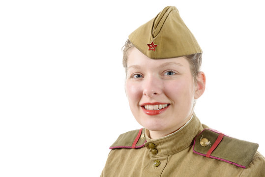 Portrait of pretty young woman in Russian military uniform, on w
