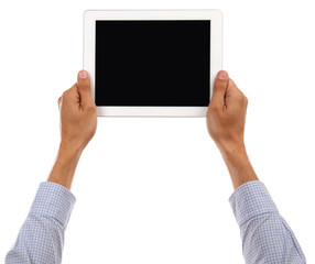 Two Hand holding tablet isolated on white background