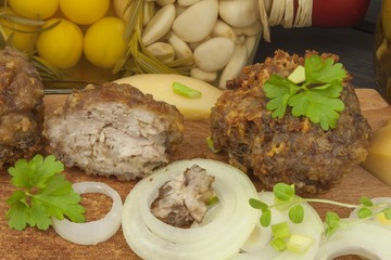 Minced, fried meat and cheese. Homework for the party. Burger with minced meat and cheese.
