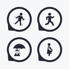 Businessman with umbrella. Human running symbol.