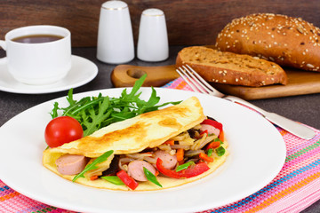 Healthy, Diet Food: Scrambled Eggs with Sausage and Vegetable