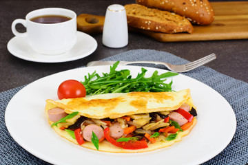 Healthy, Diet Food: Scrambled Eggs with Sausage and Vegetable
