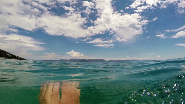 On the swimmer head camera shows how it moves under and over water 