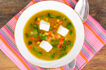  Healthy, diet food: Carrot soup with vegetables and feta cheese