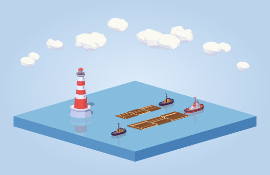Timber floating on tow at the sea. 3D lowpoly isometric vector concept illustration