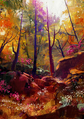Naklejka premium landscape painting of beautiful autumn forest with sunlight