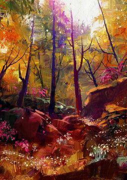 landscape painting of beautiful autumn forest with sunlight