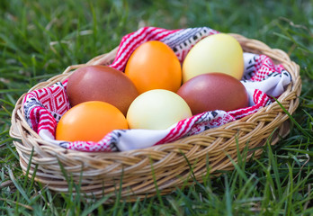 Unique hand painted Easter eggs in basket on grass. Traditional decoration in sun light