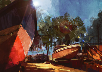 Obraz premium painting of boat at the dock for repairs at seaside