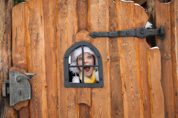 young lady is looking through a window in a wooden gate