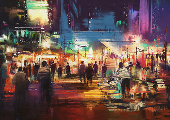 Malerei der Einkaufsstraßenstadt mit buntem Nachtleben