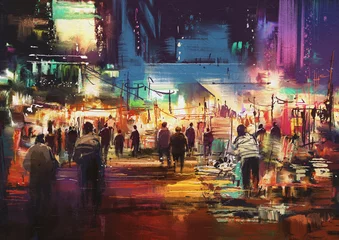 Tuinposter painting of shopping street city with colorful nightlife © grandfailure