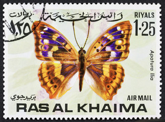 Fototapeta na wymiar RAS AL KHAIMA - CIRCA 1978: a stamp printed by RAS AL KHAIMA shows butterfly, circa 1978