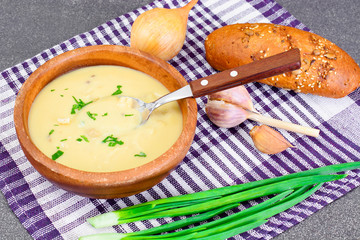 Healthy, diet food: soup of potatoes with croutons, bread and gr