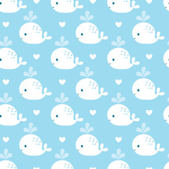 Cute background with cartoon blue whales. Baby shower design. Seamless pattern can be used for wallpapers, pattern fills, surface textures.