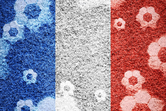Grunge textured soccer balls on a football grass textured french flag. Football competition france textured flag with soccer balls and copy space background.