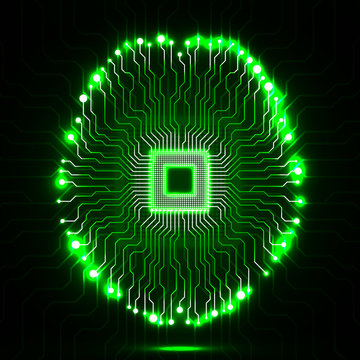 Neon brain. Cpu. Circuit board. Abstract technology background
