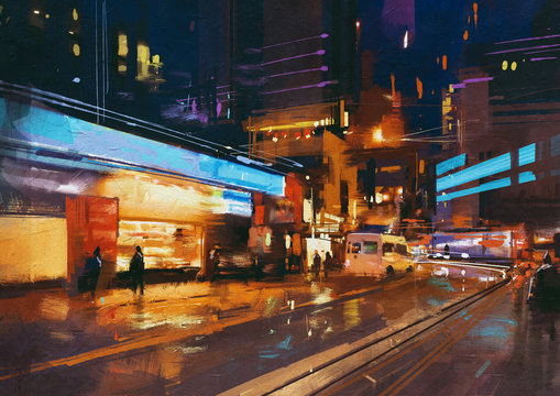 painting of street in modern urban city at night.