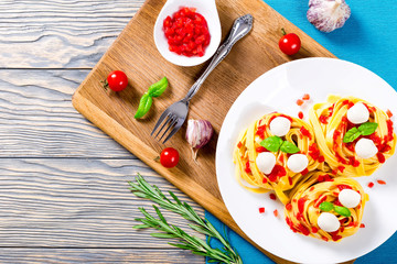 Pasta with mozarella, top view