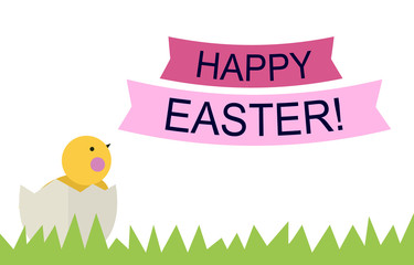 Happy Easter greeting card with text on a  pink ribbon and chicken in egg shell on the grass