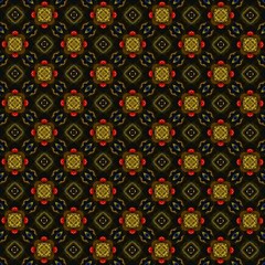 Красные, синии и жёлтые элементы на тёмном фоне.
