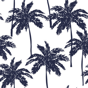 Palm trees silhouette on the white background. Vector seamless pattern with tropical plants.