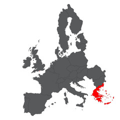 Greece red map on gray Europe map vector