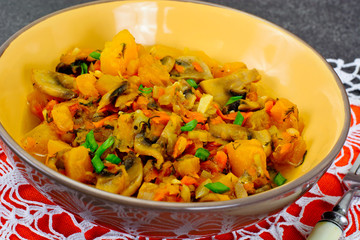Baked Pumpkin with Mushrooms and Vegetables. Vegetarian Food