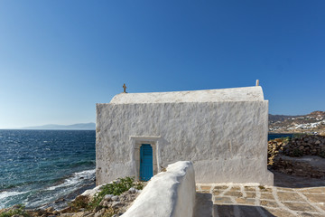 Small White orthodox church in Mykonos, Cyclades Islands, Greece