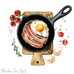 Watercolor Food Clipart - Egg and bacon on a frying pan