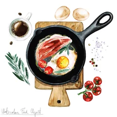 Fototapeten Aquarell Essen Clipart - Ei und Speck auf einer Pfanne © nataliahubbert