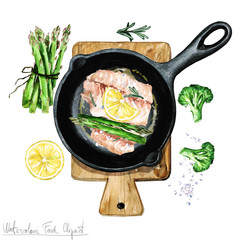 Watercolor Food Clipart - Fish on a frying pan - 104961578