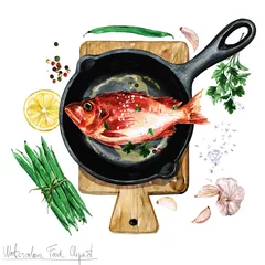 Keuken spatwand met foto Aquarel Voedsel Clipart - Vis op een koekenpan © nataliahubbert