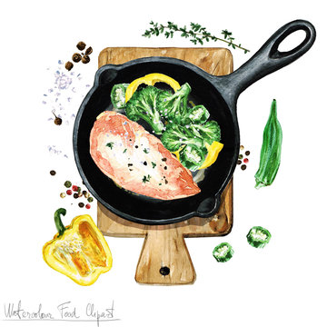 Watercolor Food Clipart - Chicken breast on a frying pan
