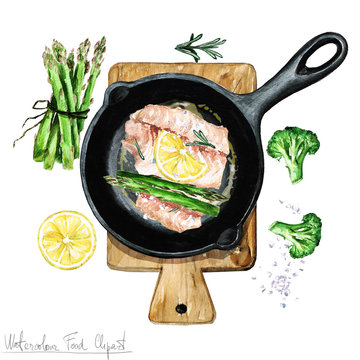 Watercolor Food Clipart - Fish on a frying pan