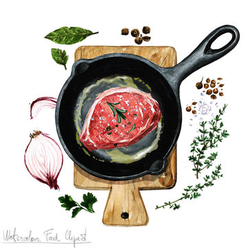 Watercolor Food Clipart - Pork chop on a frying pan