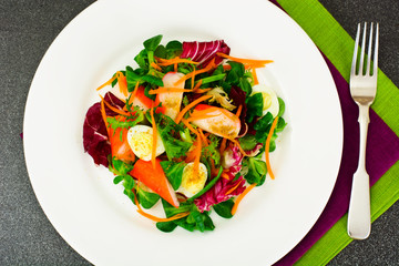 Frise Corn Salad with Chicory, Escarole, Crab Sticks and Quail E