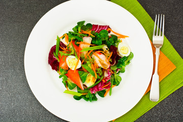 Frise Corn Salad with Chicory, Escarole, Crab Sticks and Quail E