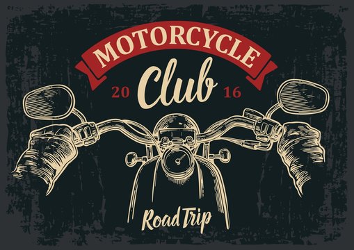 Fototapeta Biker driving a motorcycle rides. View over the handlebars of motorcycle. Vector engraved illustration isolated on dark vintage background. For web, poster motorcycle  club. Road Trip.