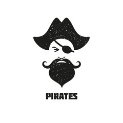 Man with beards and mustache wearing a pirate hat logo.