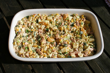 organisch lifestyle partysalat mandarinen ananas sellerie lauch putenfleischwurst